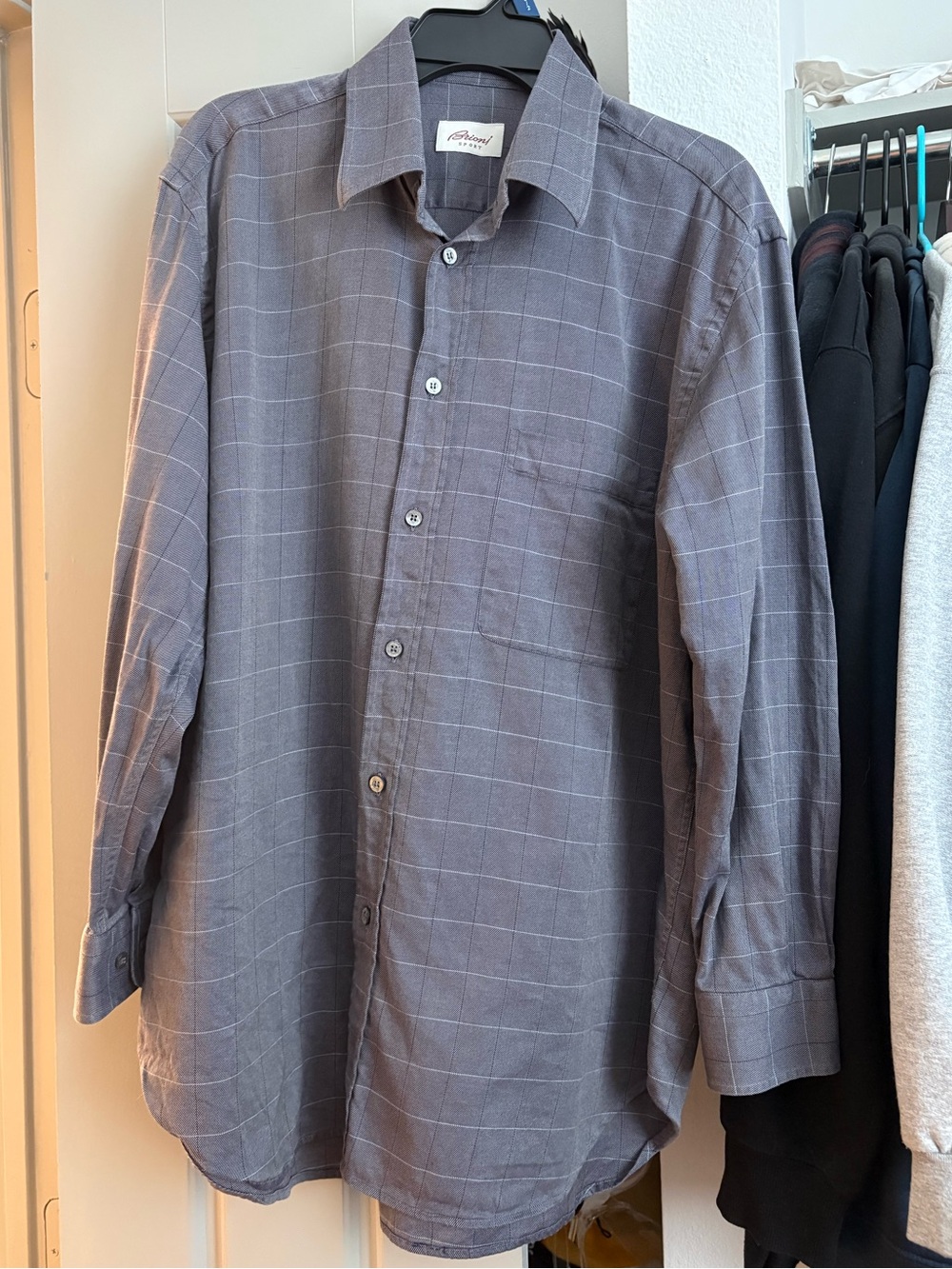 Brioni Sport Men's Grey Windowpane Button-Up Shirt